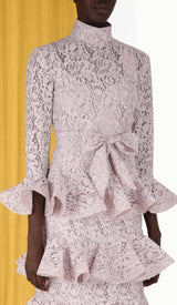 TIERED FLORAL-EMBROIDERED LACE MIDI DRESS