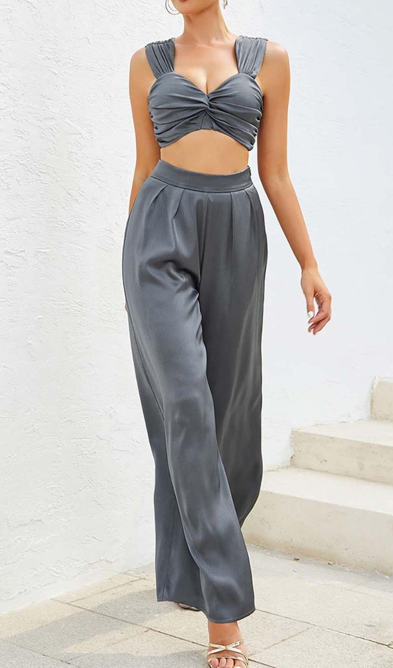 PLUNGE SATIN TWO-PIECE SUIT IN GRAY