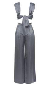 PLUNGE SATIN TWO-PIECE SUIT IN GRAY