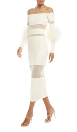 BANDAGE OFF-SHOULDER FEATHER MIDI DRESS IN WHITE