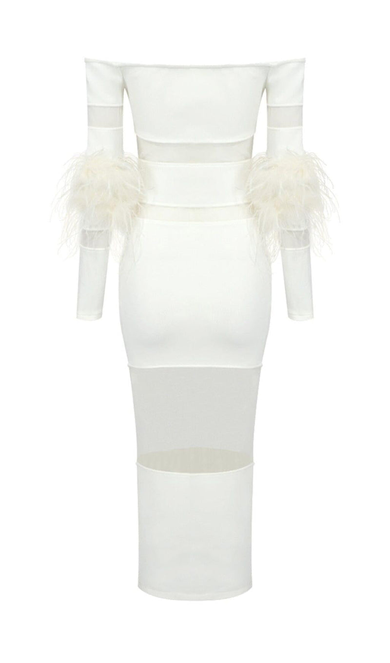 BANDAGE OFF-SHOULDER FEATHER MIDI DRESS IN WHITE