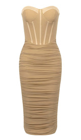 BANDEAU RUCHED CORSET MIDI DRESS IN BROWN