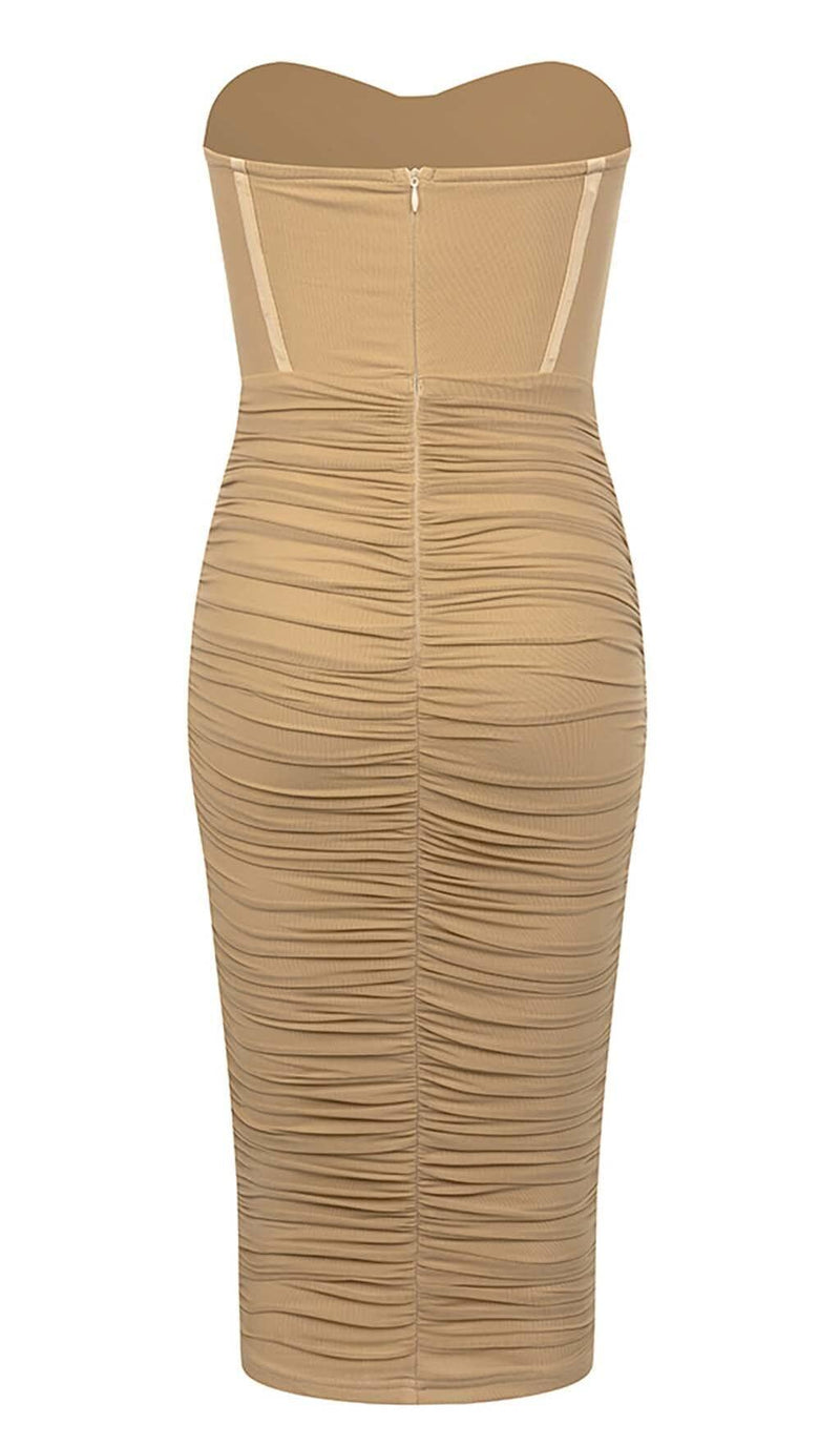 BANDEAU RUCHED CORSET MIDI DRESS IN BROWN