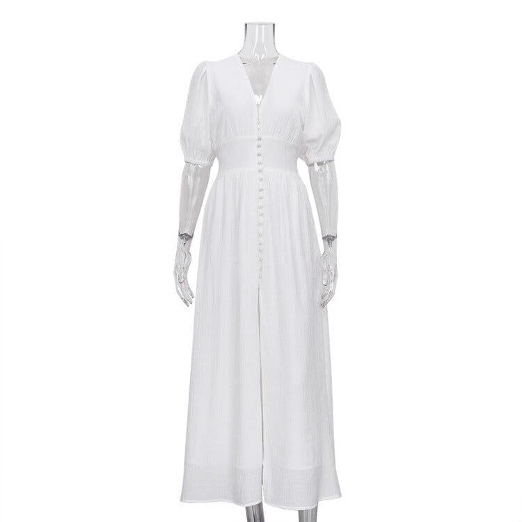 BUTTON-FRONT PUFFED SLEEVES MAXI DRESS IN WHITE