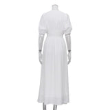 BUTTON-FRONT PUFFED SLEEVES MAXI DRESS IN WHITE