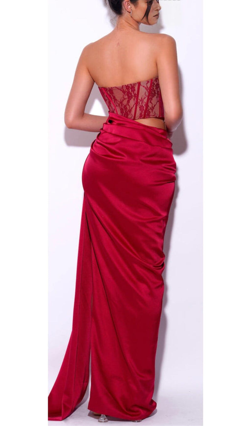 CORSET SATIN PLEATED MAXI DRESS IN RED