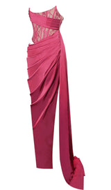 CORSET SATIN PLEATED MAXI DRESS IN RED