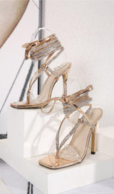 CRYSTAL LACE UP HEELS IN GOLD