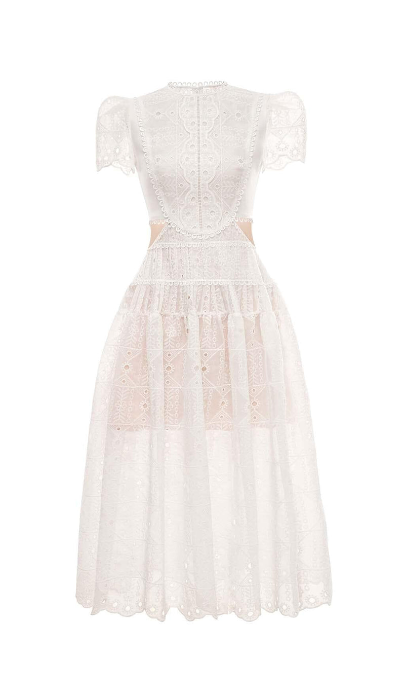 CUT OUT LACE DETAIL MIDI DRESS IN WHITE