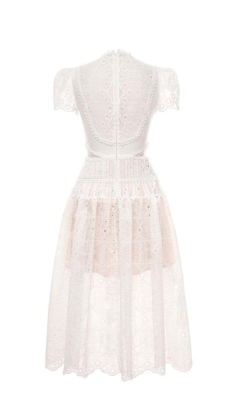 CUT OUT LACE DETAIL MIDI DRESS IN WHITE
