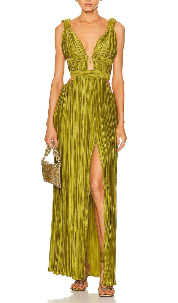 CUTOUT PLUNGE MIDI DRESS IN LIME GREEN
