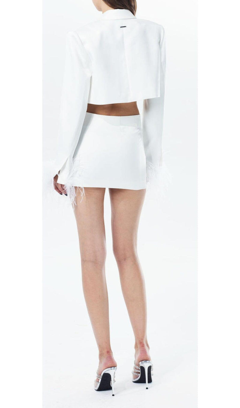 FEATHERS JACKET AND SHORT SKIRT IN WHITE