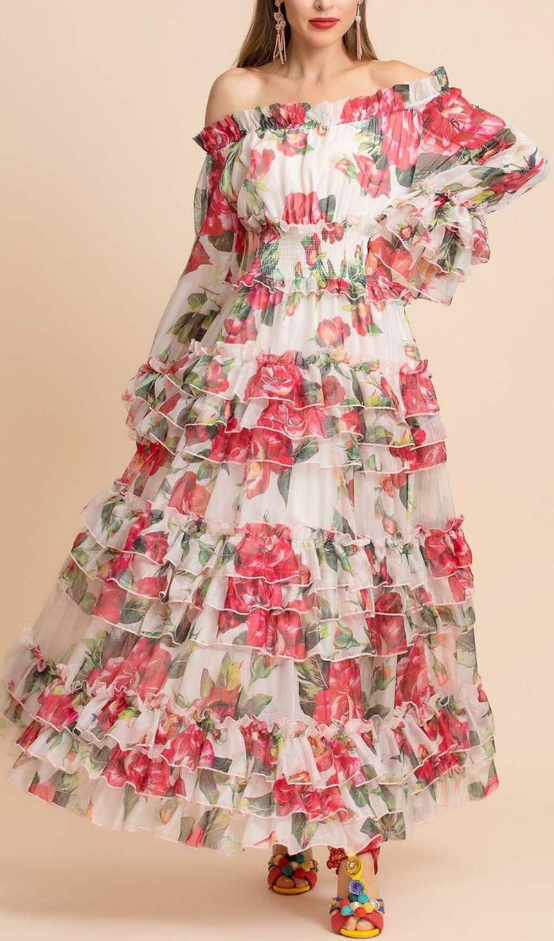 FLORAL TIERED MIDI DRESS IN PINK
