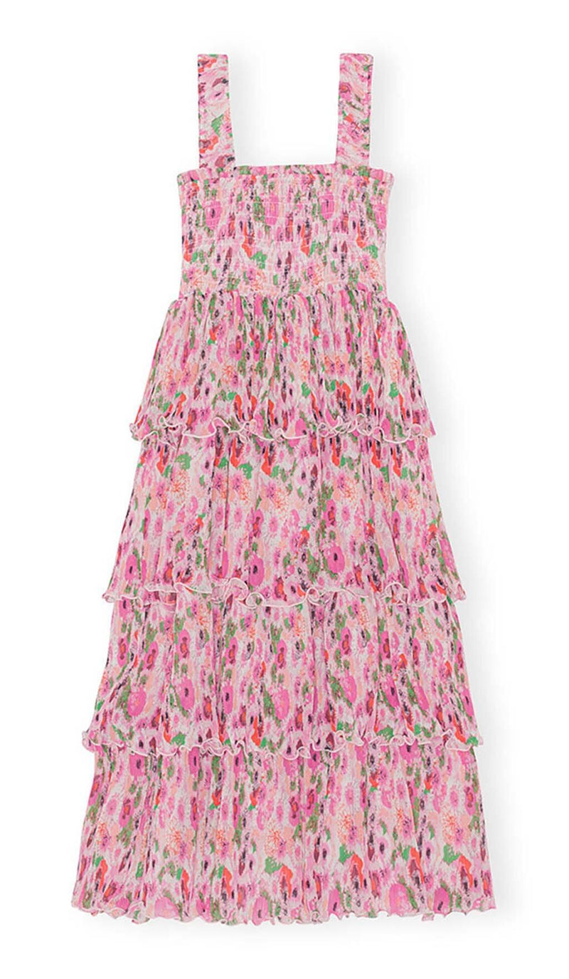 FLORAL-APPLIQUÉ TIERED MIDI DRESS IN PINK