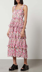 FLORAL-APPLIQUÉ TIERED MIDI DRESS IN PINK