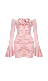 FLOWER-EMBELLISHED RUCHED MINI DRESS IN COTTON CANDY