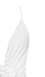 FLOWER-EMBELLISHED  PLUNGE MAXI DRESS IN WHITE