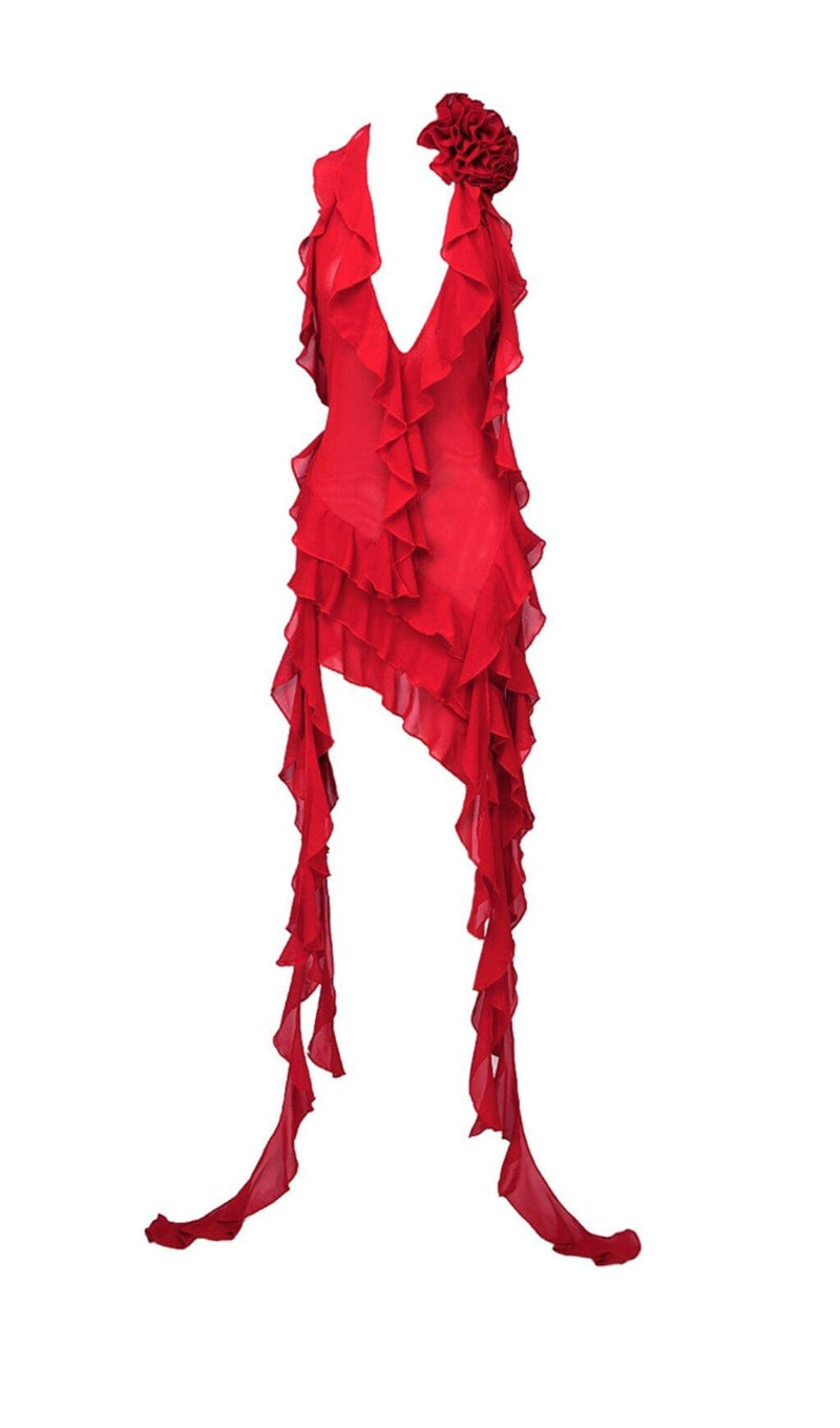 PLUNGING NECKLINE RUFFLE DRESS IN RED