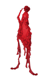 PLUNGING NECKLINE RUFFLE DRESS IN RED