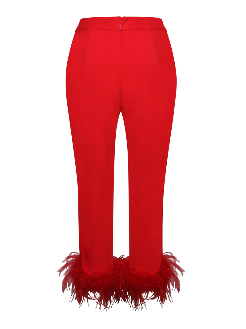 RED BLAZER SUIT WITH FEATHER TRIM