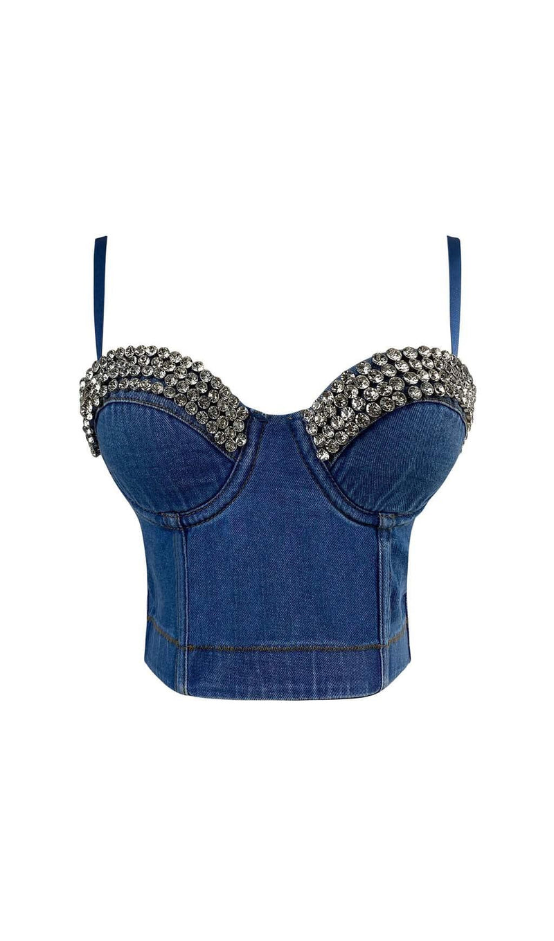 RHINESTONE BACKLESS CROPPED TOP IN NAVY BLUE