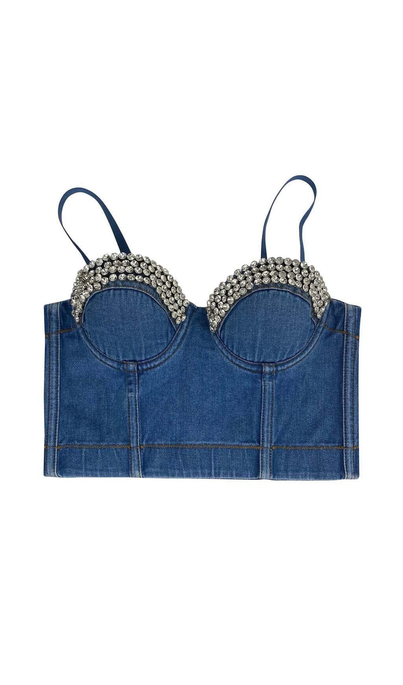 RHINESTONE BACKLESS CROPPED TOP IN NAVY BLUE