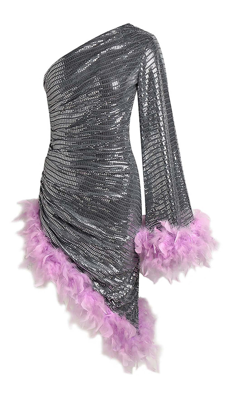 SEQUIN FEATHER HIGH-LOW DRESS IN SLIVER