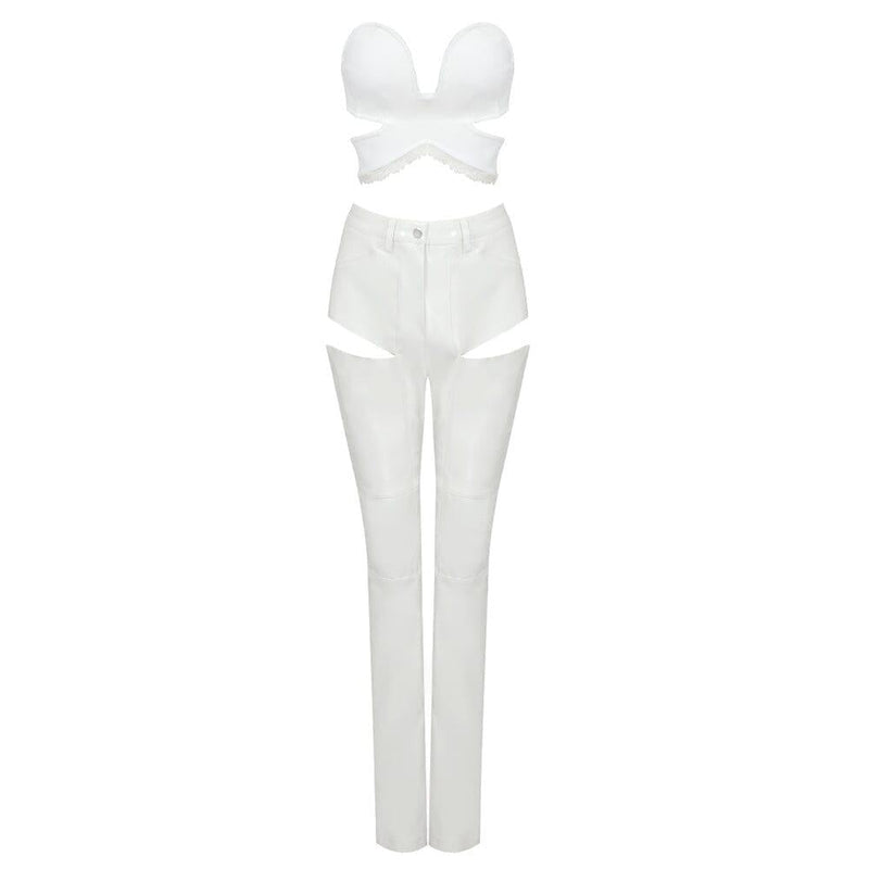 CUT OUT PU TWO-PIECE SUIT IN WHITE