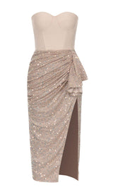 SEQUIN RUCHED SLIT MIDI DRESS IN GOLD