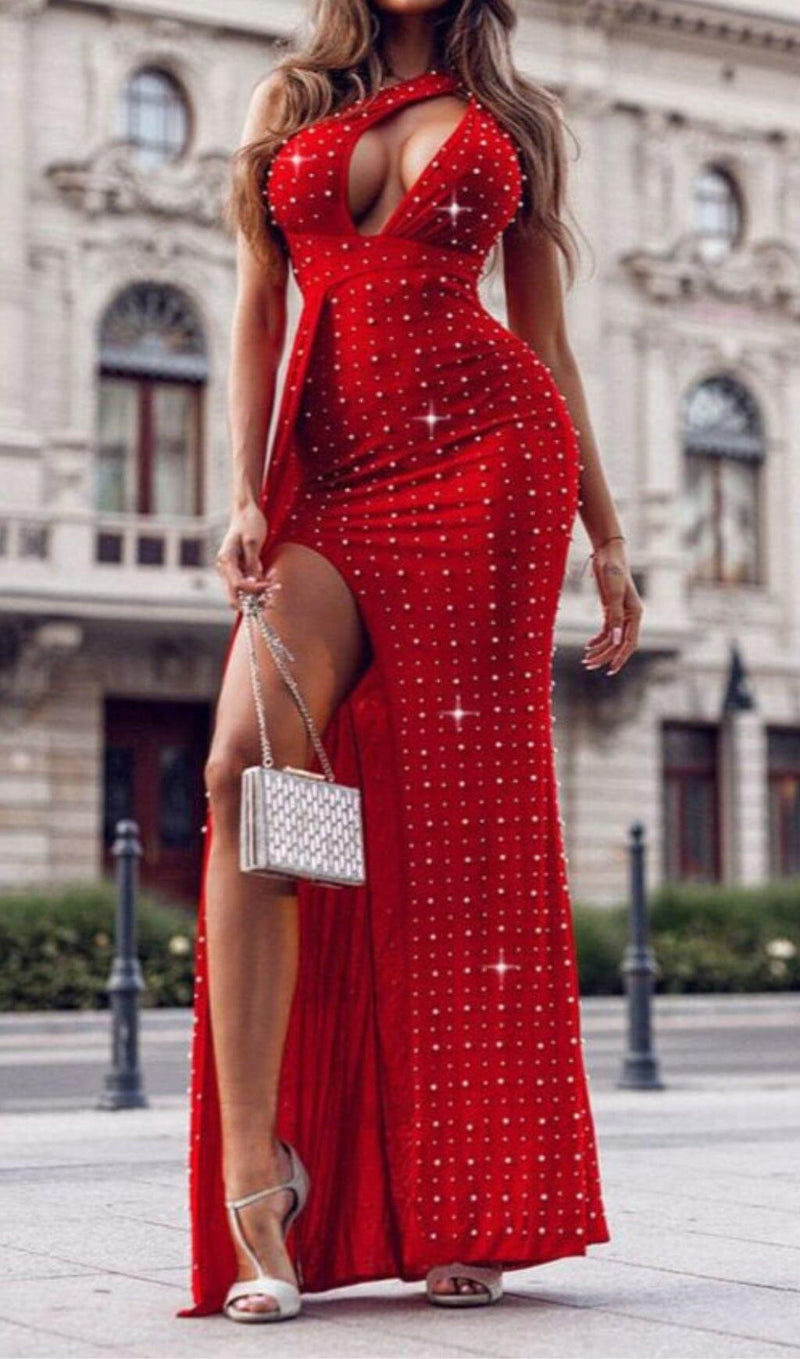SEQUIN THIGH-SLIT MIDI DRESS IN RED