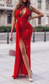 SEQUIN THIGH-SLIT MIDI DRESS IN RED
