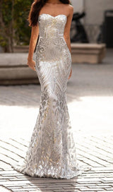 STRAPLESS SEQUIN MAXI DRESS IN SILVER