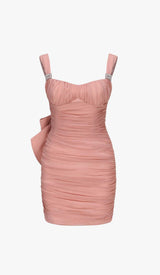 BOW DETAIL PLEATED MINI DRESS WITH GLOVES IN PINK