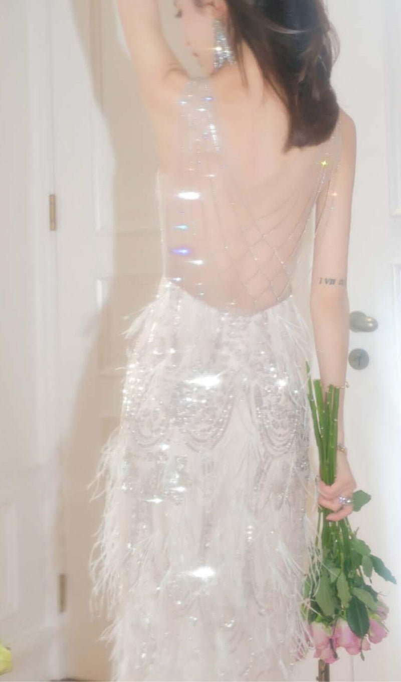 EMBROIDERED FEATHER CRYSTAL MIDI DRESS IN WHITE