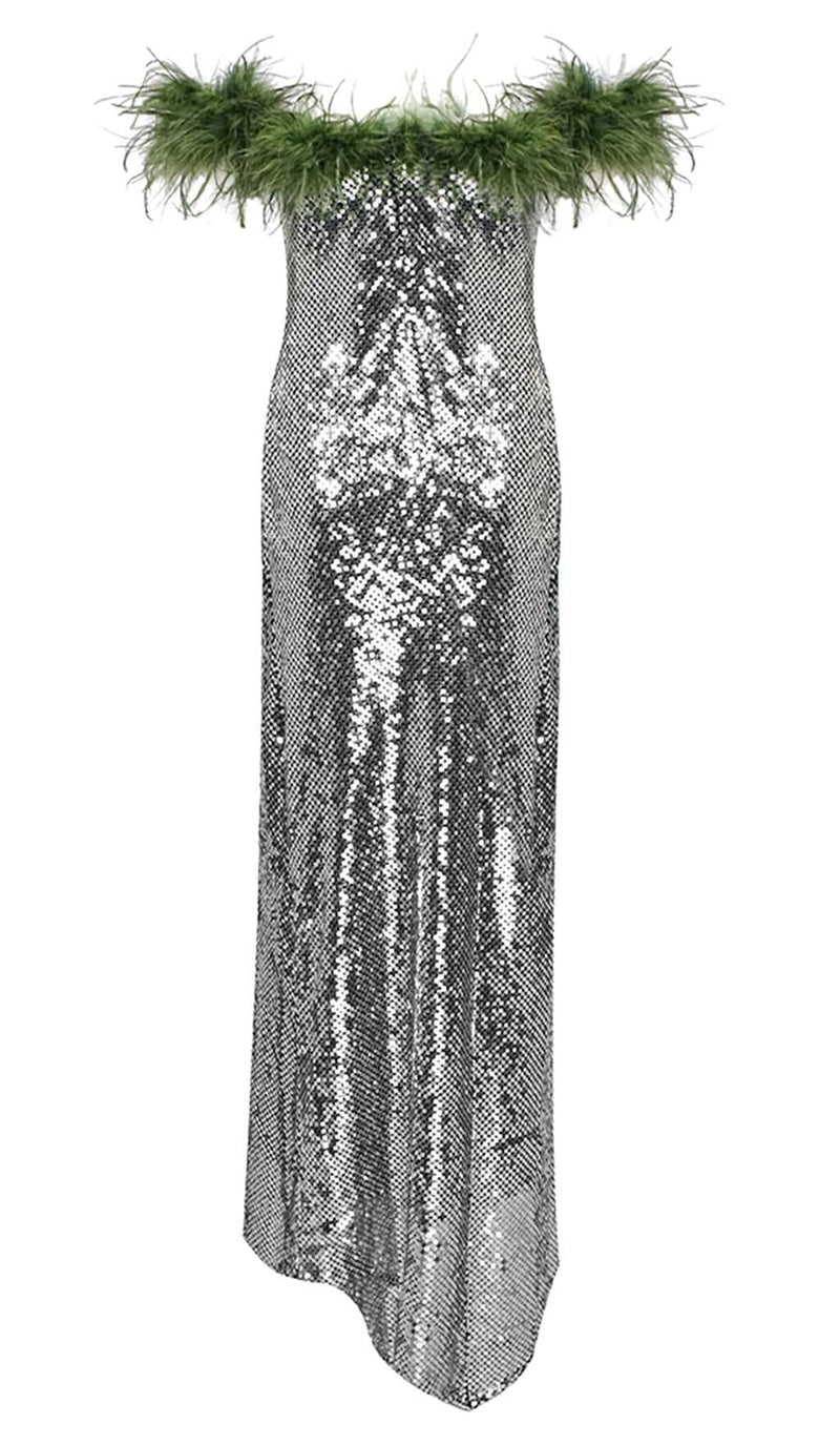 FEATHERED SEQUINED MAXI DRESS IN METALLIC SILVER