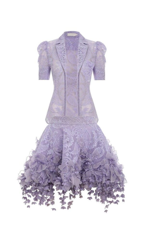 HIGH TIDE LACE SHIRT AND FLIP MINI SKIRT IN PURPLE
