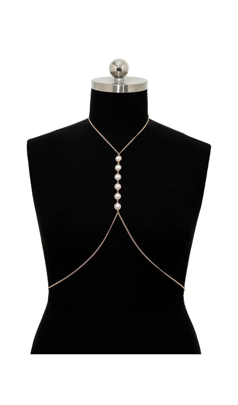 PEARL CROSSOVER CHEST BODY CHAIN IN GOLD
