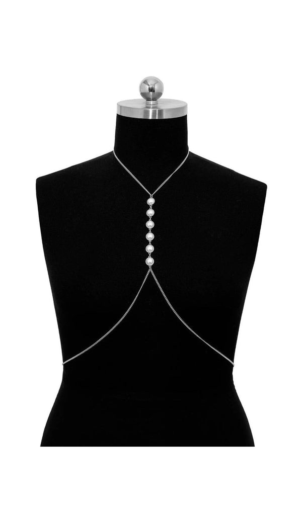 PEARL CROSSOVER CHEST BODY CHAIN IN SILVER