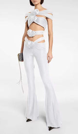RUCHED CUTOUT FLARED TWO PIECE SET IN WHITE