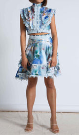 SLEEVELESS PRINT PATTER TWO PIECE SET IN BLUE