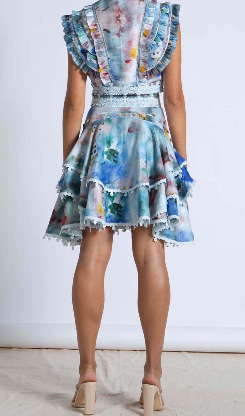 SLEEVELESS PRINT PATTER TWO PIECE SET IN BLUE