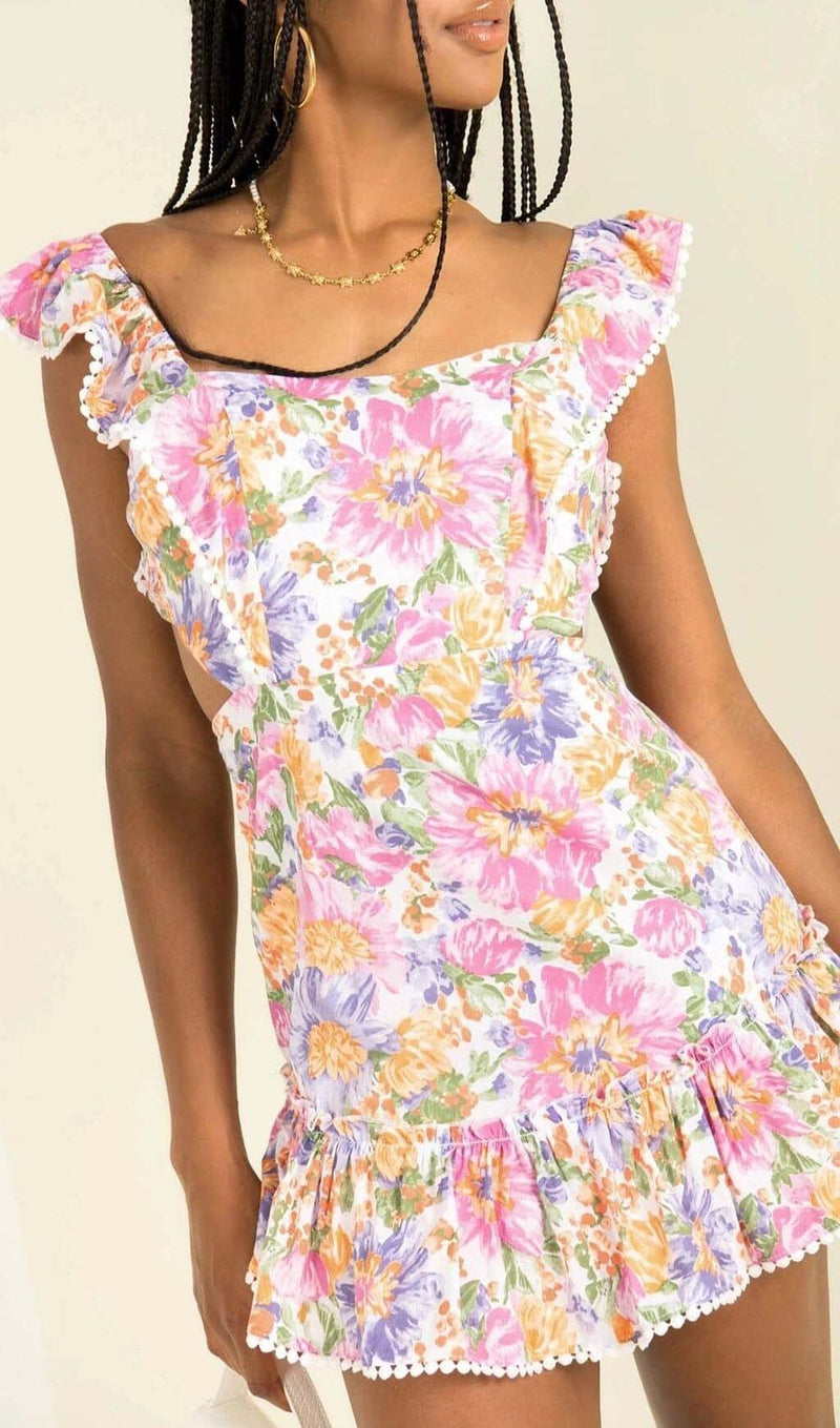 SQUARE NECK FLORAL RUFFLED MINI DRESS IN PINK