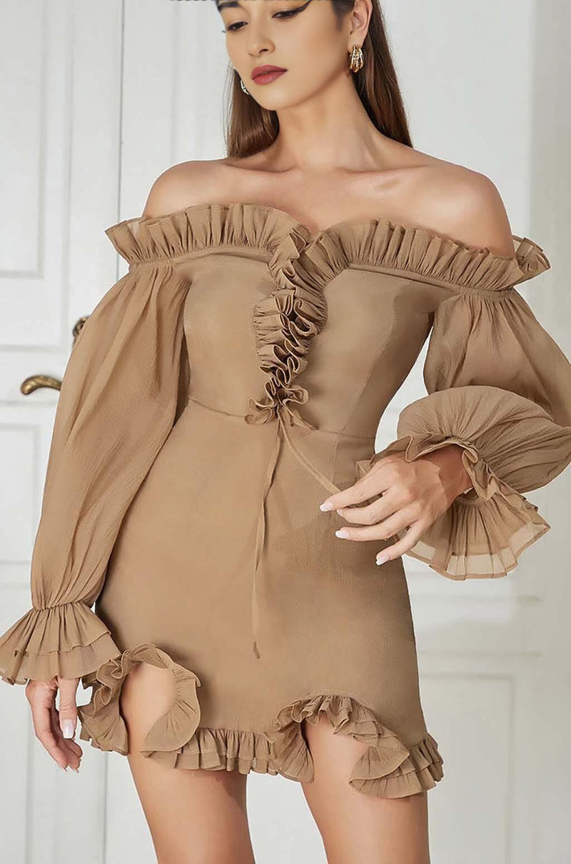 TEXTURED RUCHED FRILL MINI DRESS IN BROWN