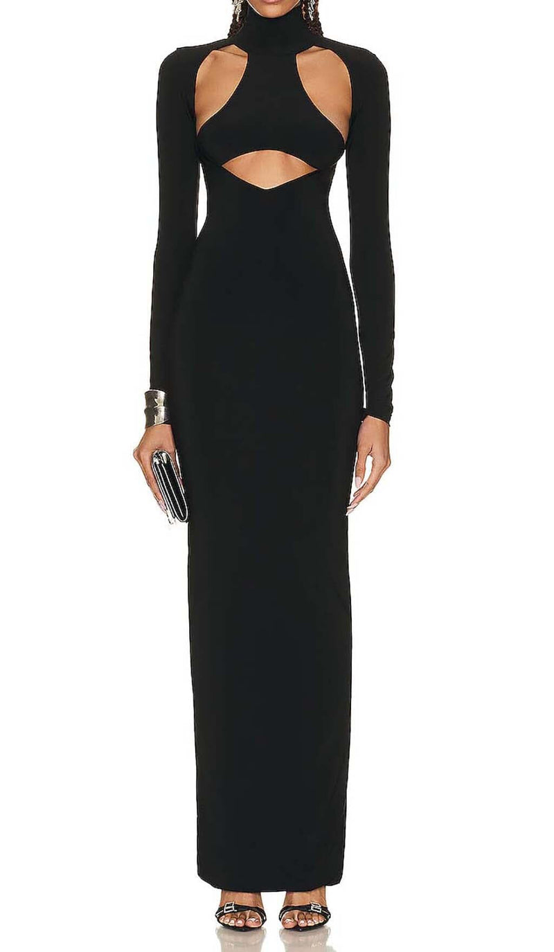 CUT OUT LONG SLEEVE MAXI DRESS IN BLACK