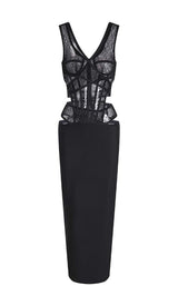 CUT-OUT TULLE CORSET MAXI DRESS IN BLACK