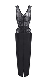 CUT-OUT TULLE CORSET MAXI DRESS IN BLACK