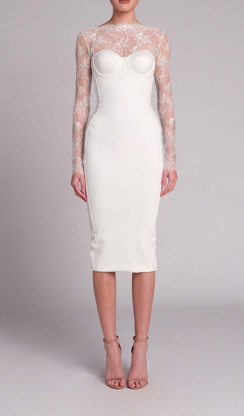 EMBROIDERED LACE MIDI DRESS IN WHITE