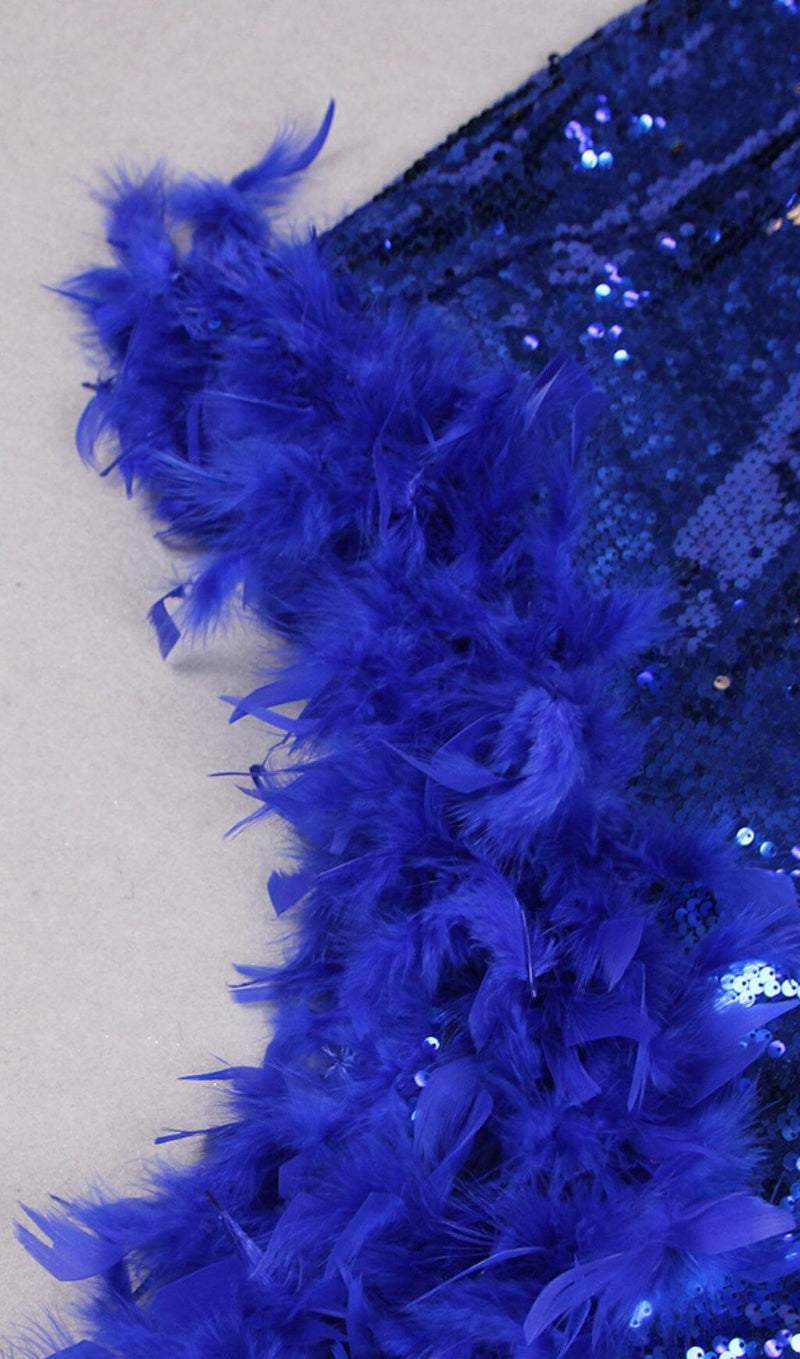 FEATHER SEQUIN MIDI DRESS IN BLUE
