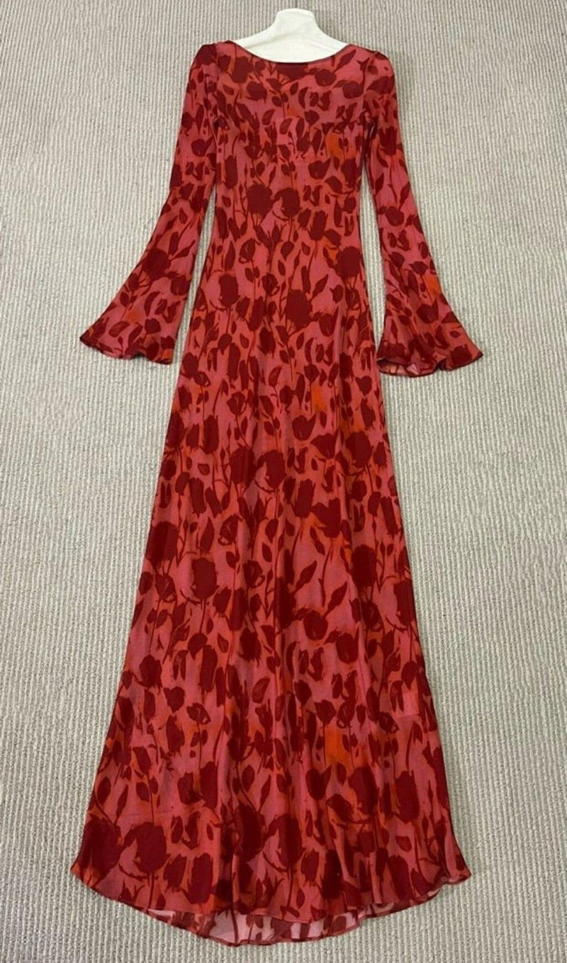 ROSE PRINT FLARE MAXI DRESS IN RED