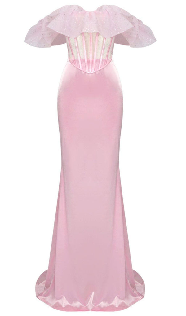 LACE SATIN MAXI DRESS IN PINK
